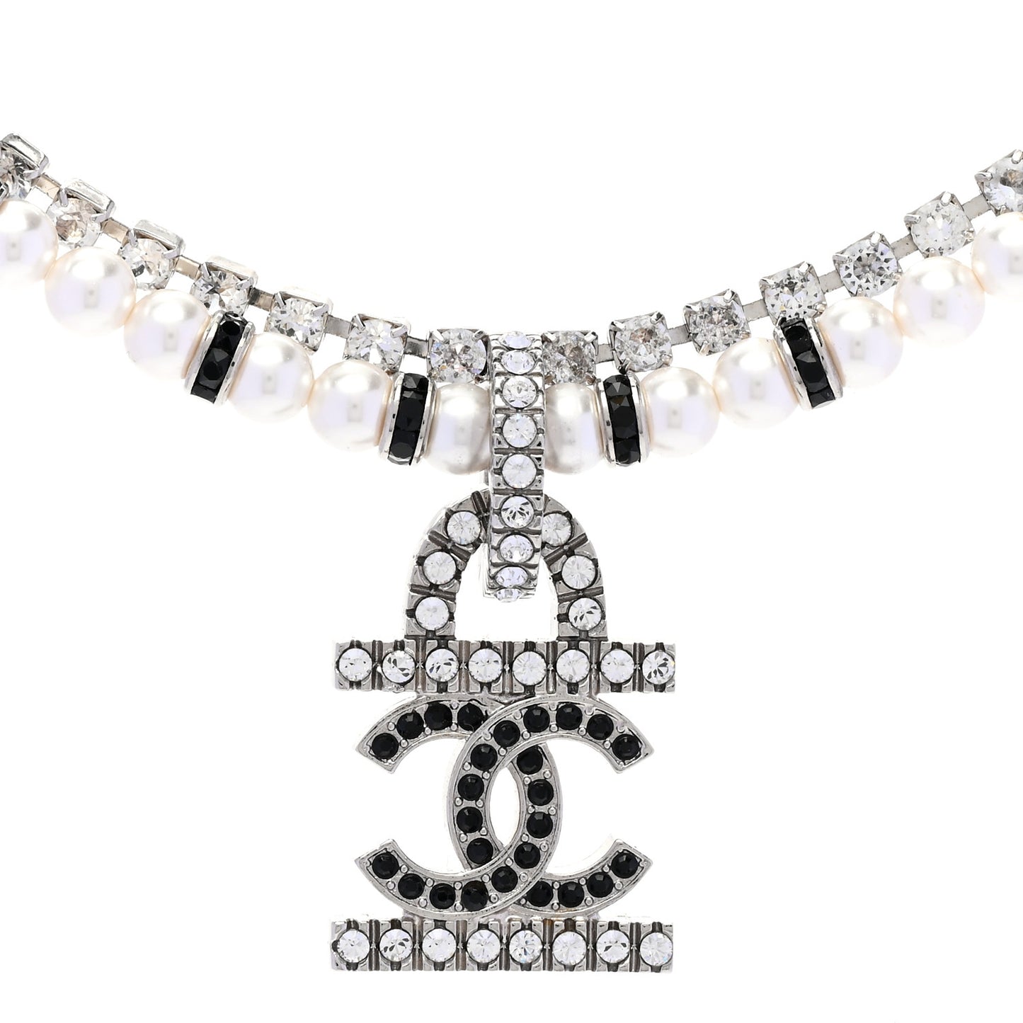 Pearl Crystal CC Choker Necklace Silver White Black