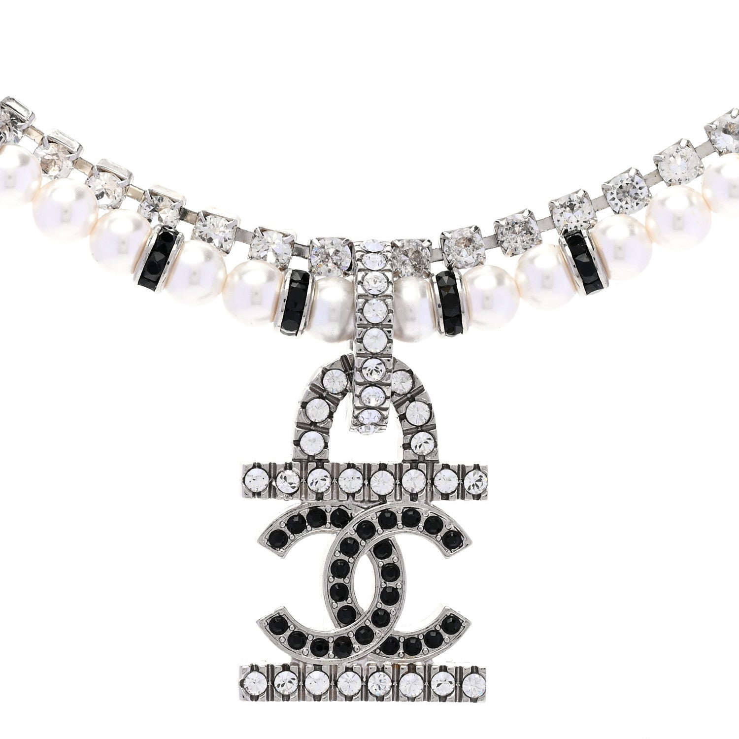 Chanel Pearl Crystal CC Choker Necklace Silver White Black 4 of 6