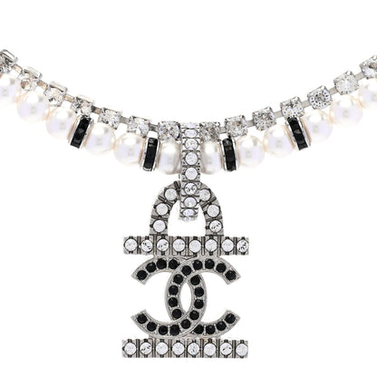 Chanel Pearl Crystal CC Choker Necklace Silver White Black 4 of 6