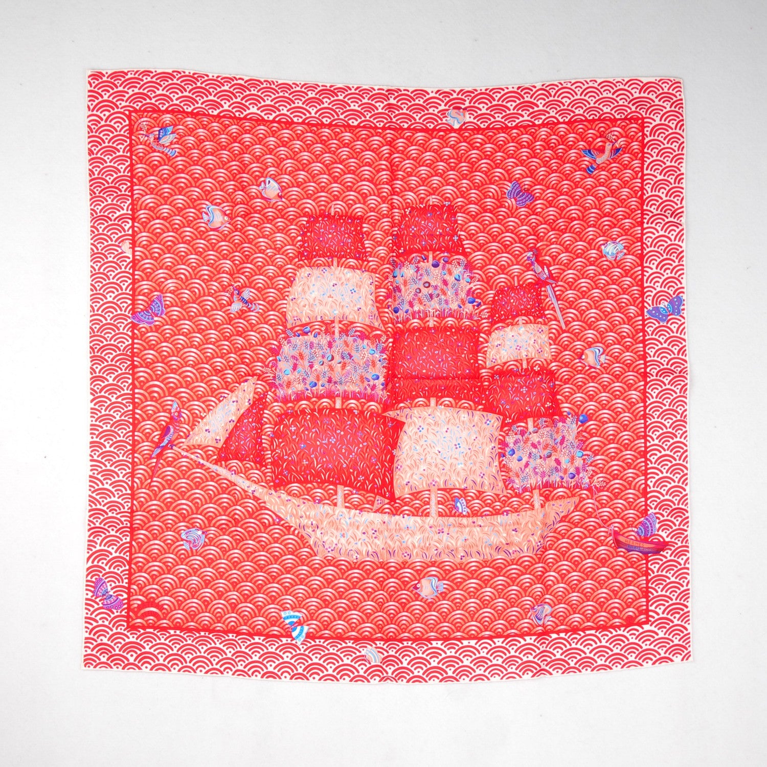 Hermes Silk Bateau Fleuri Scarf 90 Rouge Rose Poudre Bleu 2 of 6