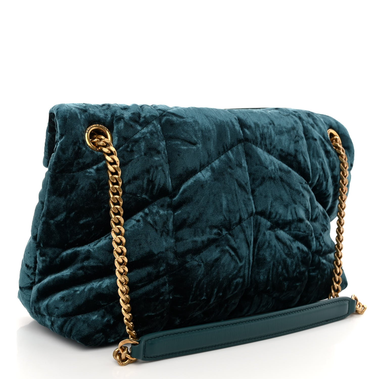 Saint Laurent Crushed Velvet Quilted Small Loulou Puffer Monogram Chain Satchel Emerald 3 of 9