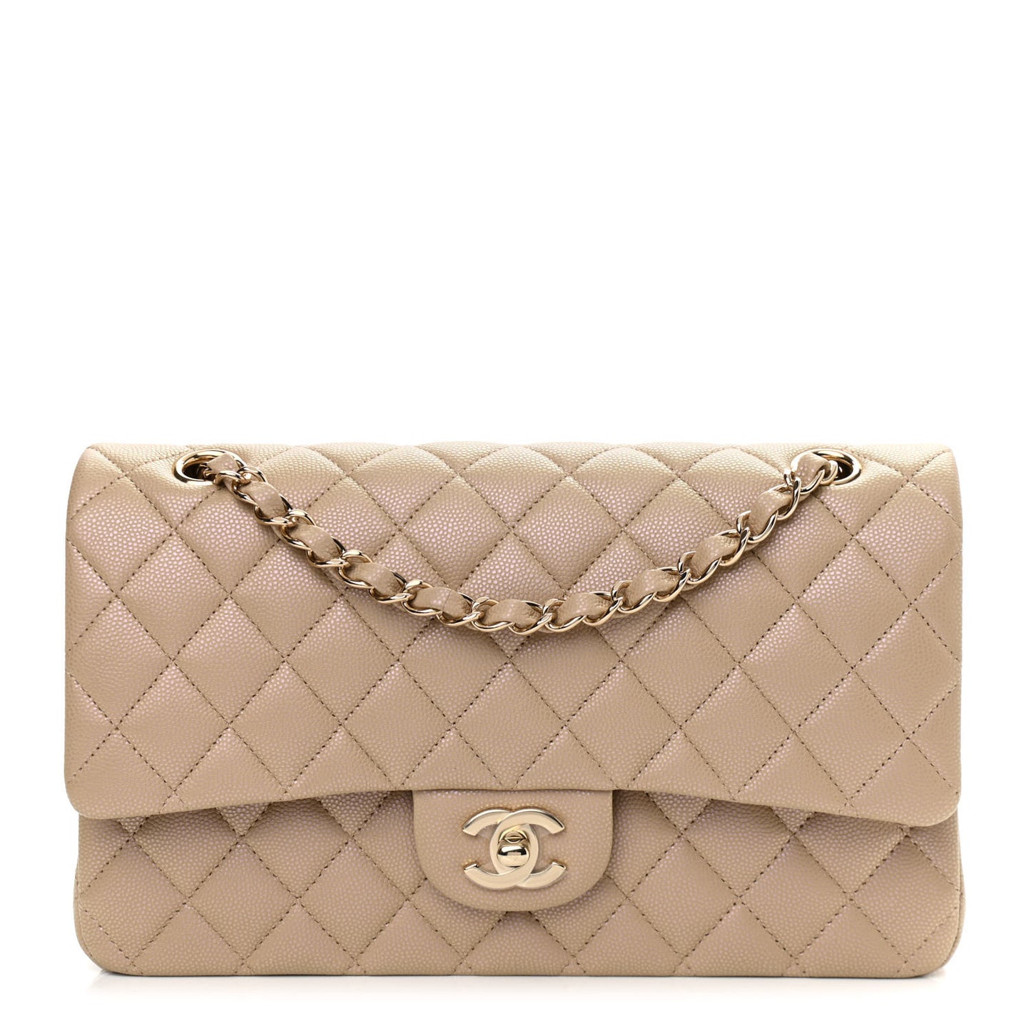 Iridescent Caviar Quilted Medium Double Flap Dark Beige