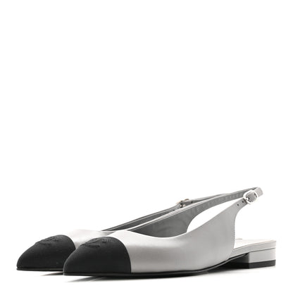 Chanel Goatskin Grosgrain Pointed Toe CC Slingback Flats 36.5 Gray Black 4 of 12