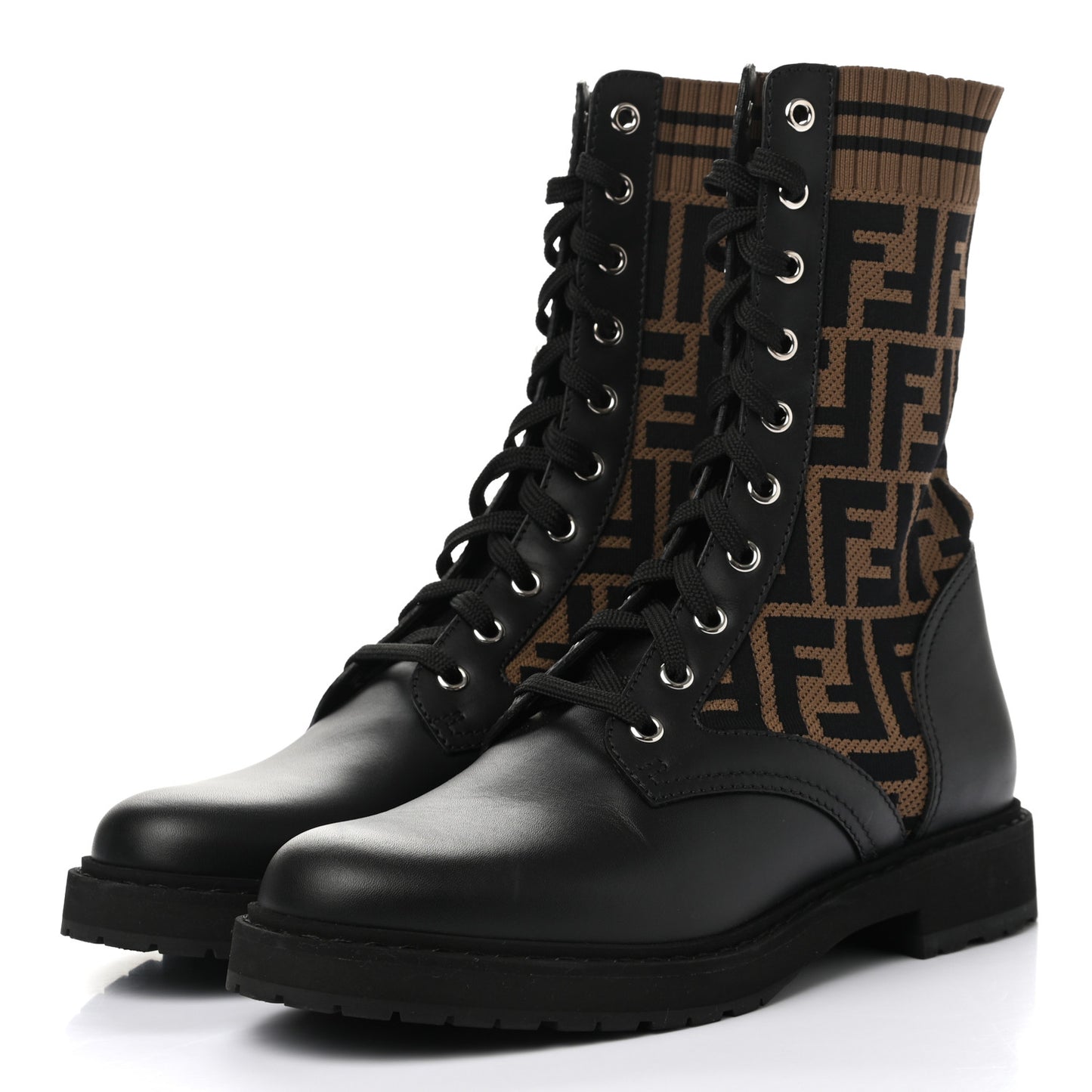 Calfskin Stretch Fabric FF Rockoko Biker Boots 37.5 Black Tobacco