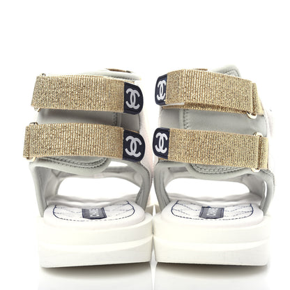 Chanel Goatskin Fabric Gladiator Sandals 37 White Light Grey Navy Blue 7 of 11