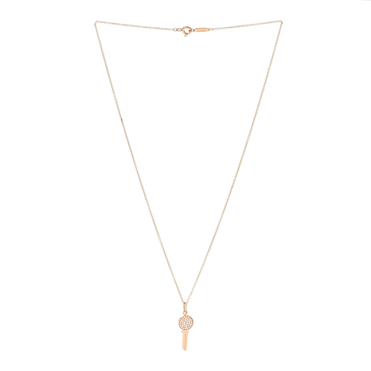 18K Rose Gold Diamond Mini Modern Keys Round Key Pendant Necklace