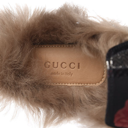 Gucci Brocade Fur Floral Womens Princetown Slippers 37 Black Anthracite 8 of 9
