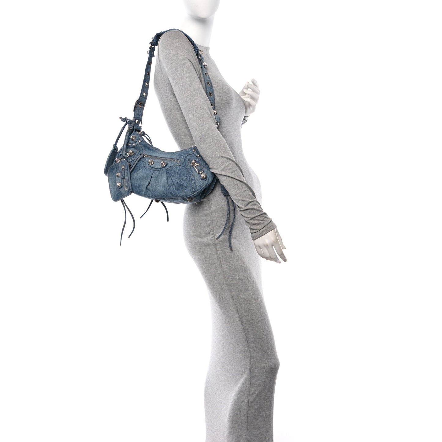 Washed Frayed Denim Crystal Small Le Cagole Shoulder Bag Blue