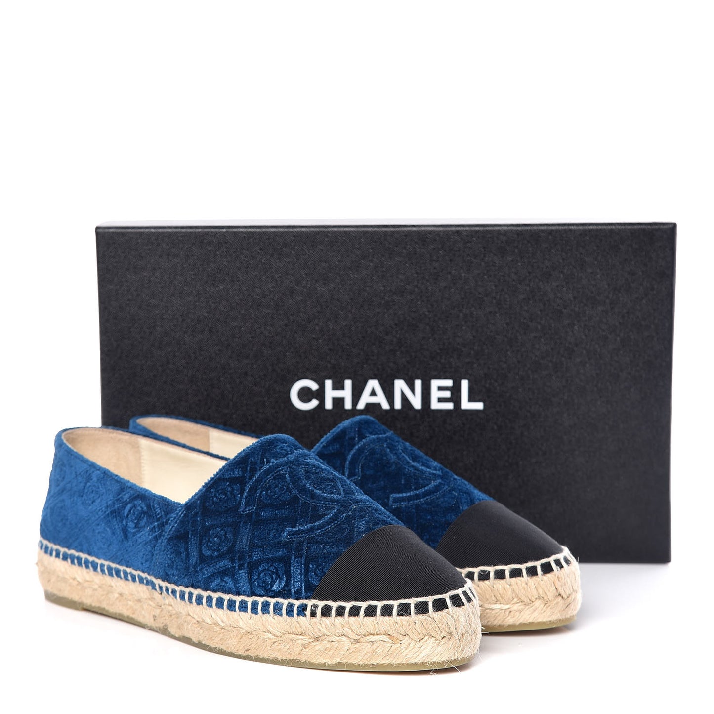 Velvet Grosgrain Quilted Camellia CC Espadrilles 38 Navy Black
