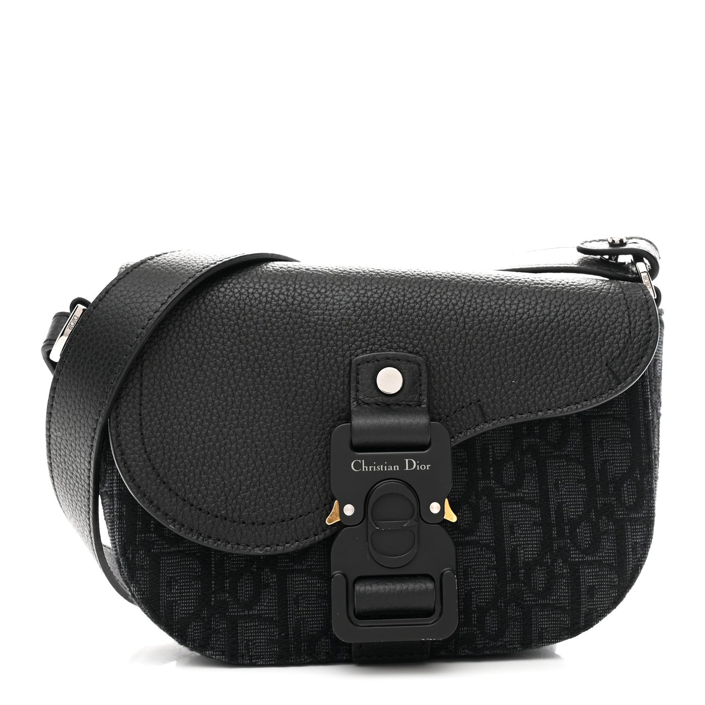 Oblique Jacquard Grained Calfskin Mini Saddle Messenger Bag With Flap Black
