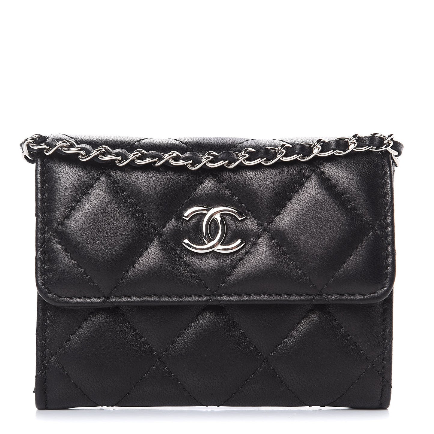 Lambskin Quilted Card Holder On Chain Black