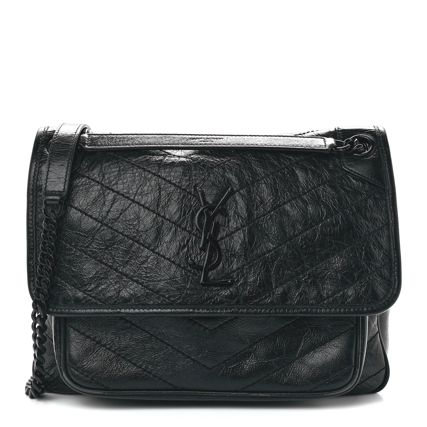 Crinkled Calfskin Matelasse Monogram Medium Niki Chain Satchel Black