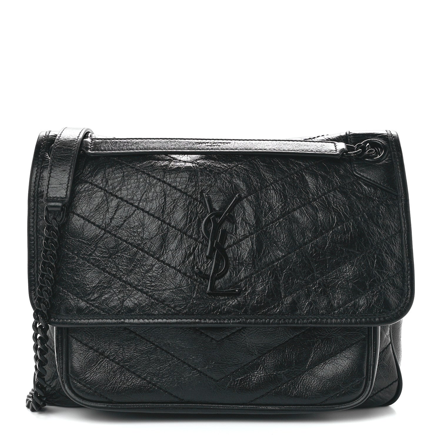 Saint Laurent Crinkled Calfskin Matelasse Monogram Medium Niki Chain Satchel Black 1 of 13