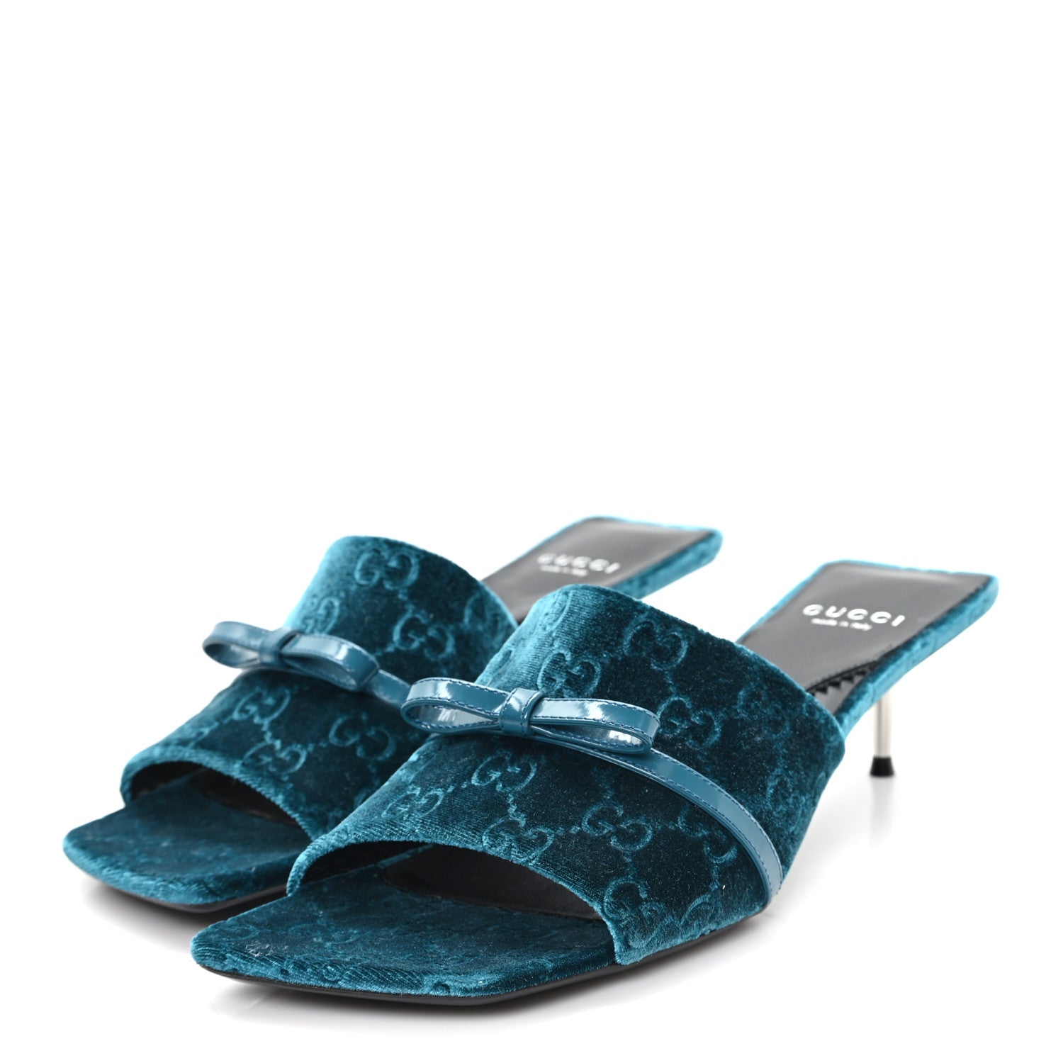 Gucci New Velvet Ashmir Regent Calfskin GG Monogram Square Toe Bow 45mm Slide Sandals Peacock Blue 39.5 4 of 9