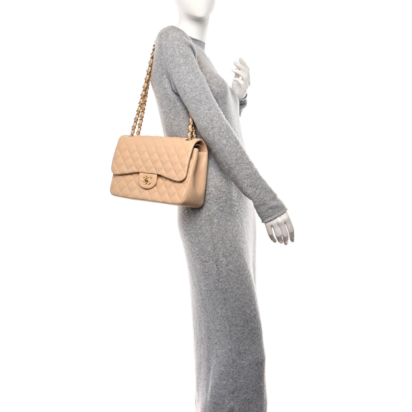 Lambskin Quilted Jumbo Double Flap Beige