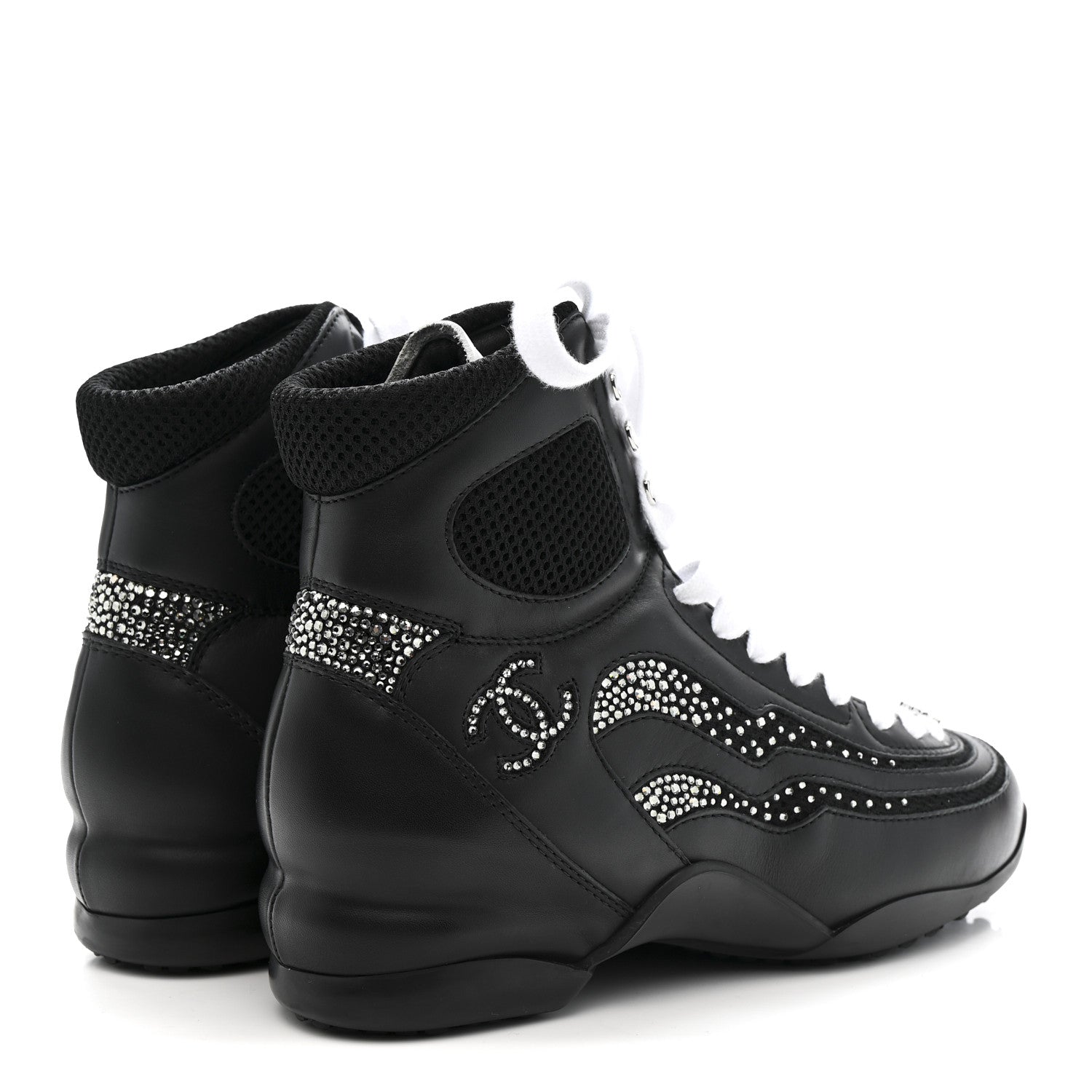 Chanel Calfskin Mesh Strass Womens CC Sneakers 37 Black Silver