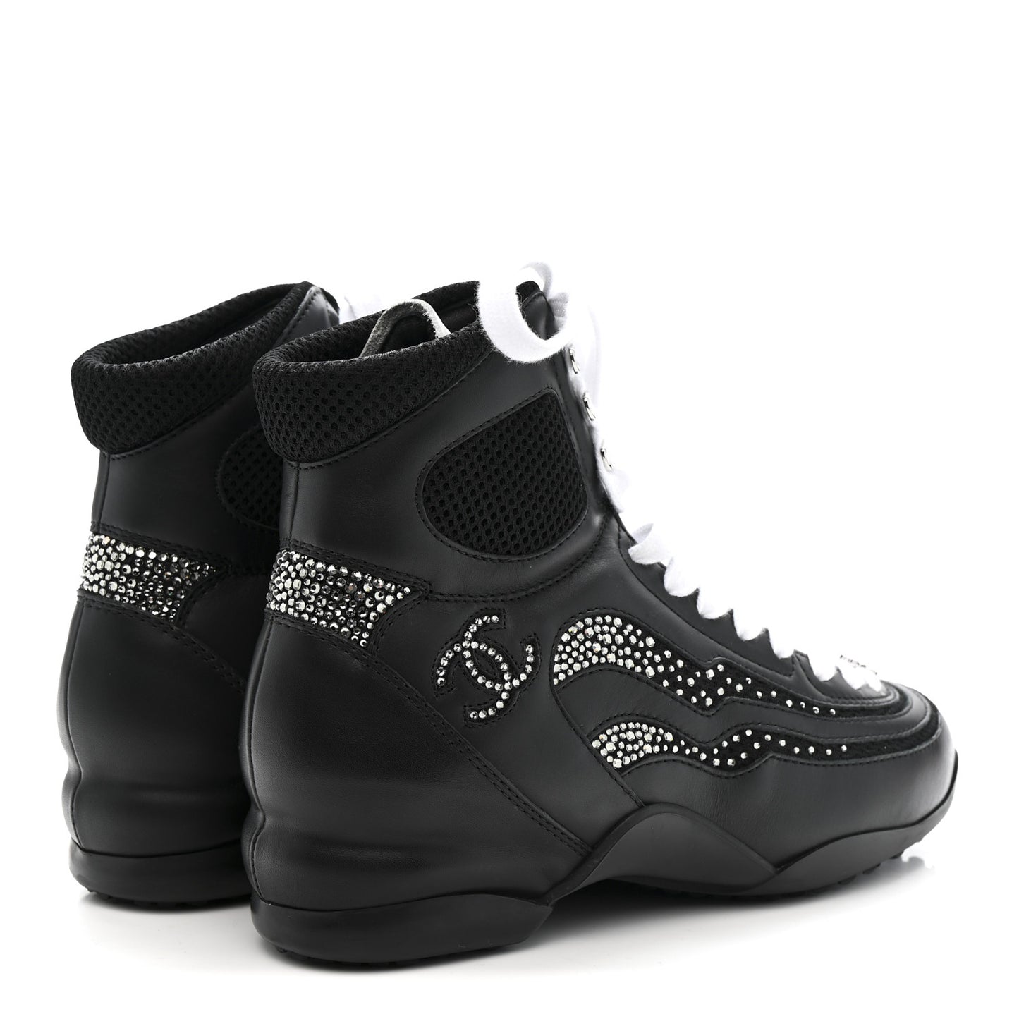 Calfskin Mesh Strass Womens CC Sneakers 37 Black Silver