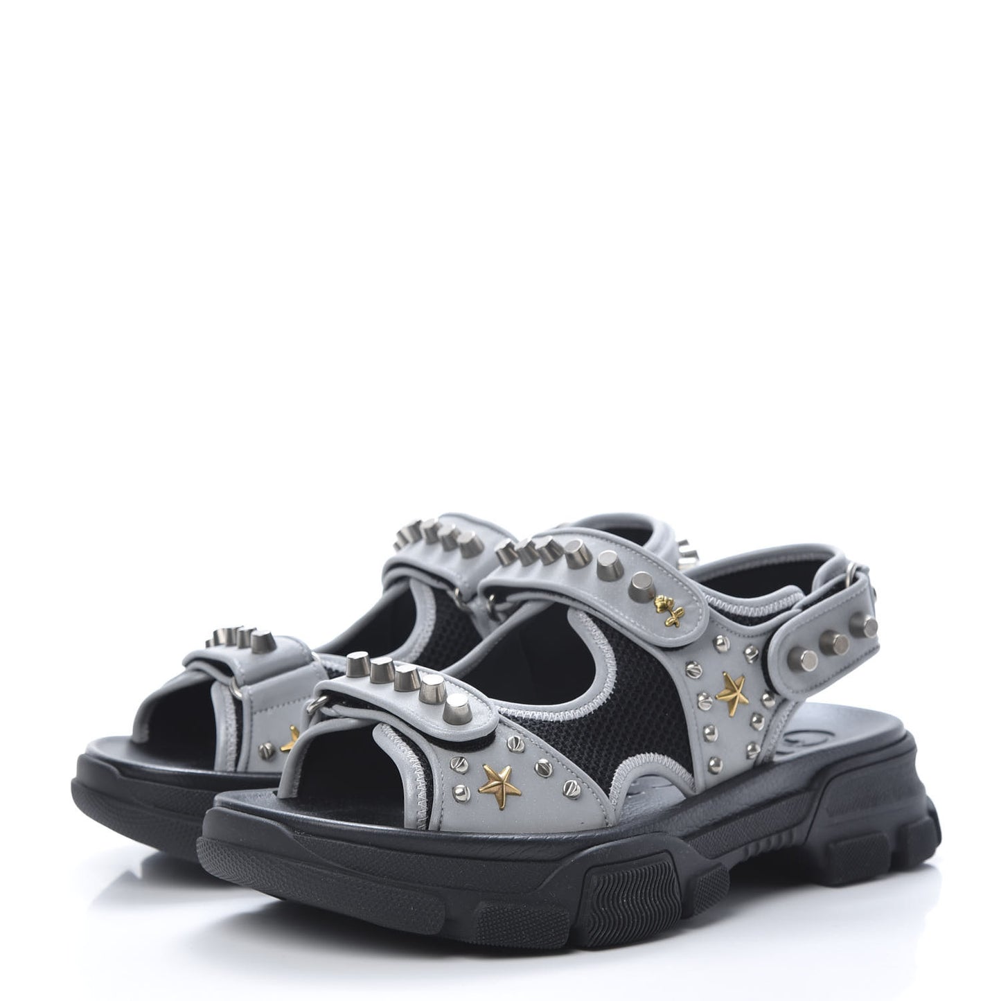 Technical Canvas Calfskin Reflective Studded Mens Aguru Sandals 8 Silver Black