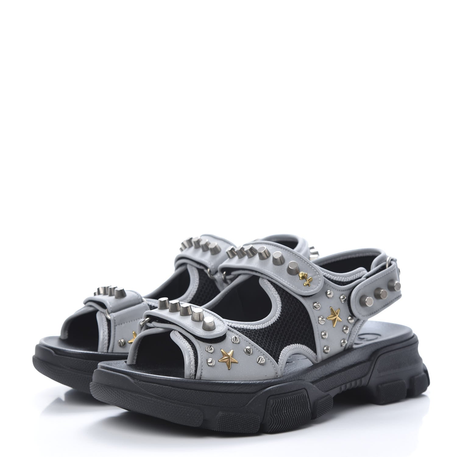 Gucci Technical Canvas Calfskin Reflective Studded Mens Aguru Sandals 8 Silver Black 3 of 8