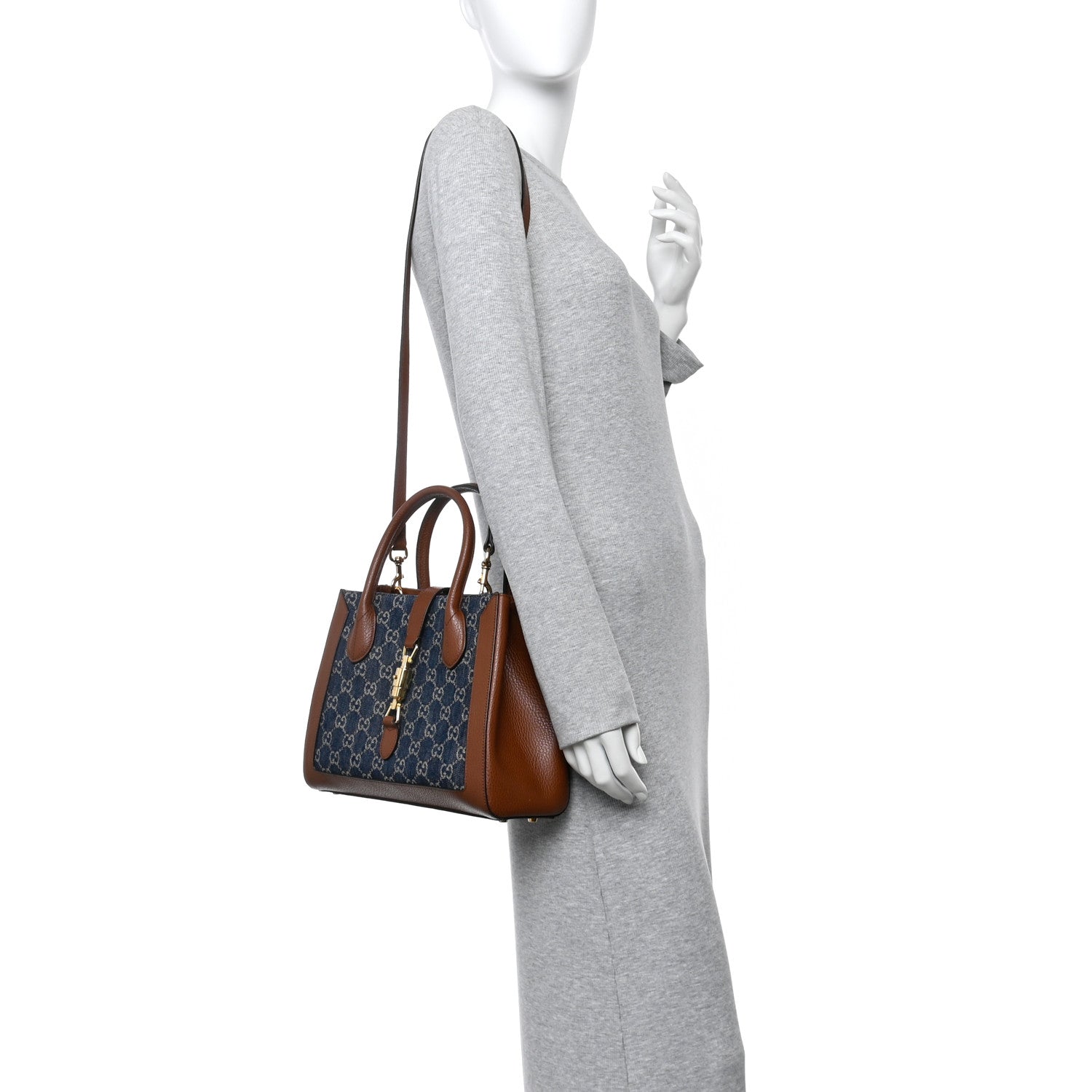 Gucci New Denim GG Monogram Dollar Calfskin Medium Jackie 1961 Tote Blue Tea Cuir Epilog 2 of 12