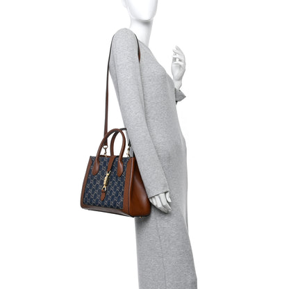Gucci New Denim GG Monogram Dollar Calfskin Medium Jackie 1961 Tote Blue Tea Cuir Epilog 2 of 12