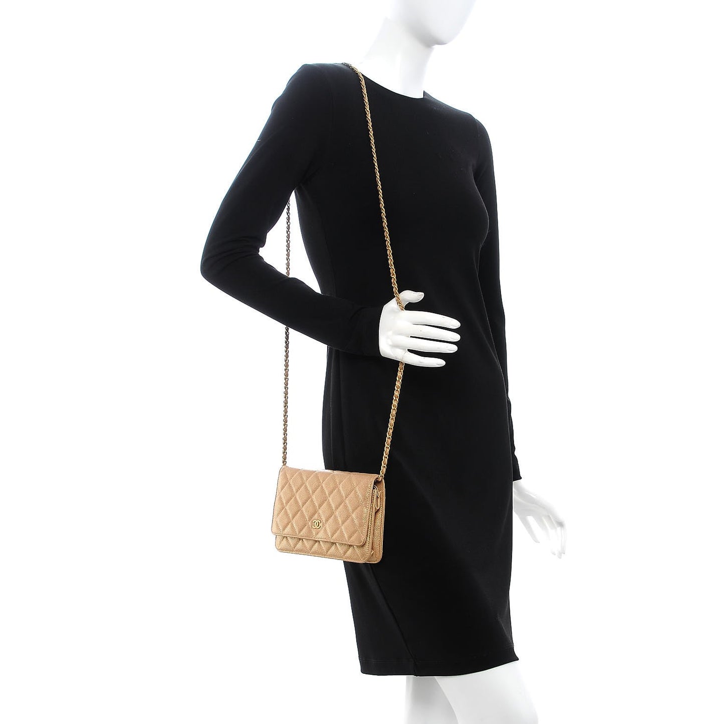 Pearly Caviar Quilted Wallet On Chain WOC Gold