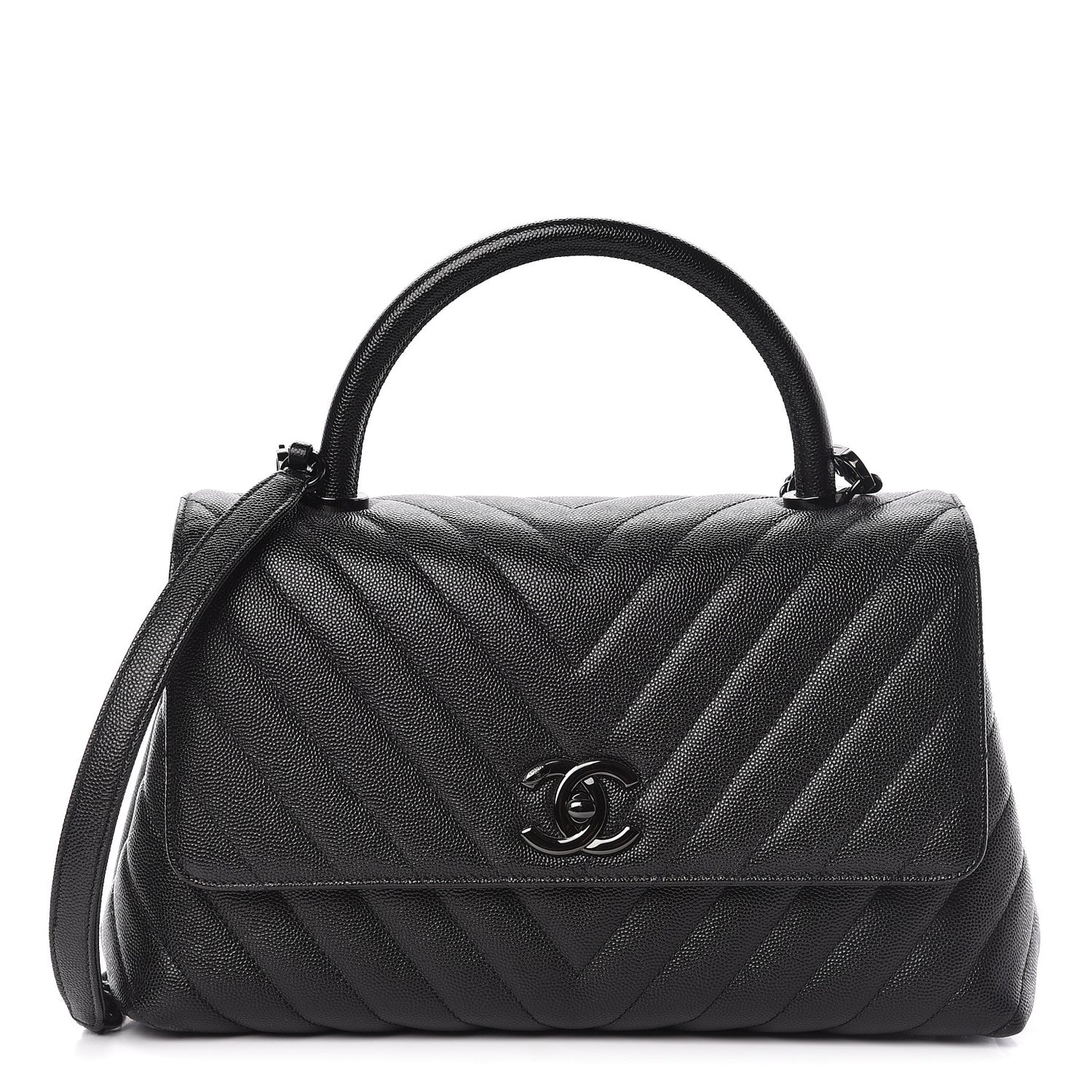 Caviar Chevron Quilted Small Coco Handle Flap So Black