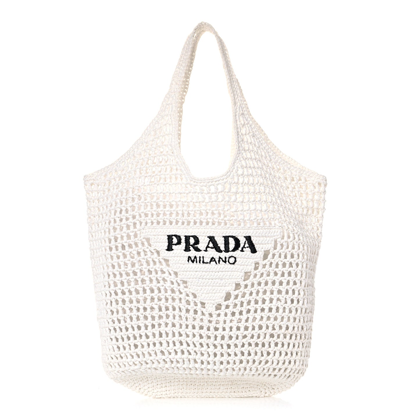 Yarn Raffia Effect Crochet Logo Embroidered Shopping Tote Bag White