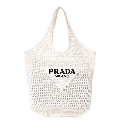 Prada Yarn Raffia Effect Crochet Logo Embroidered Shopping Tote Bag White 1 of 10