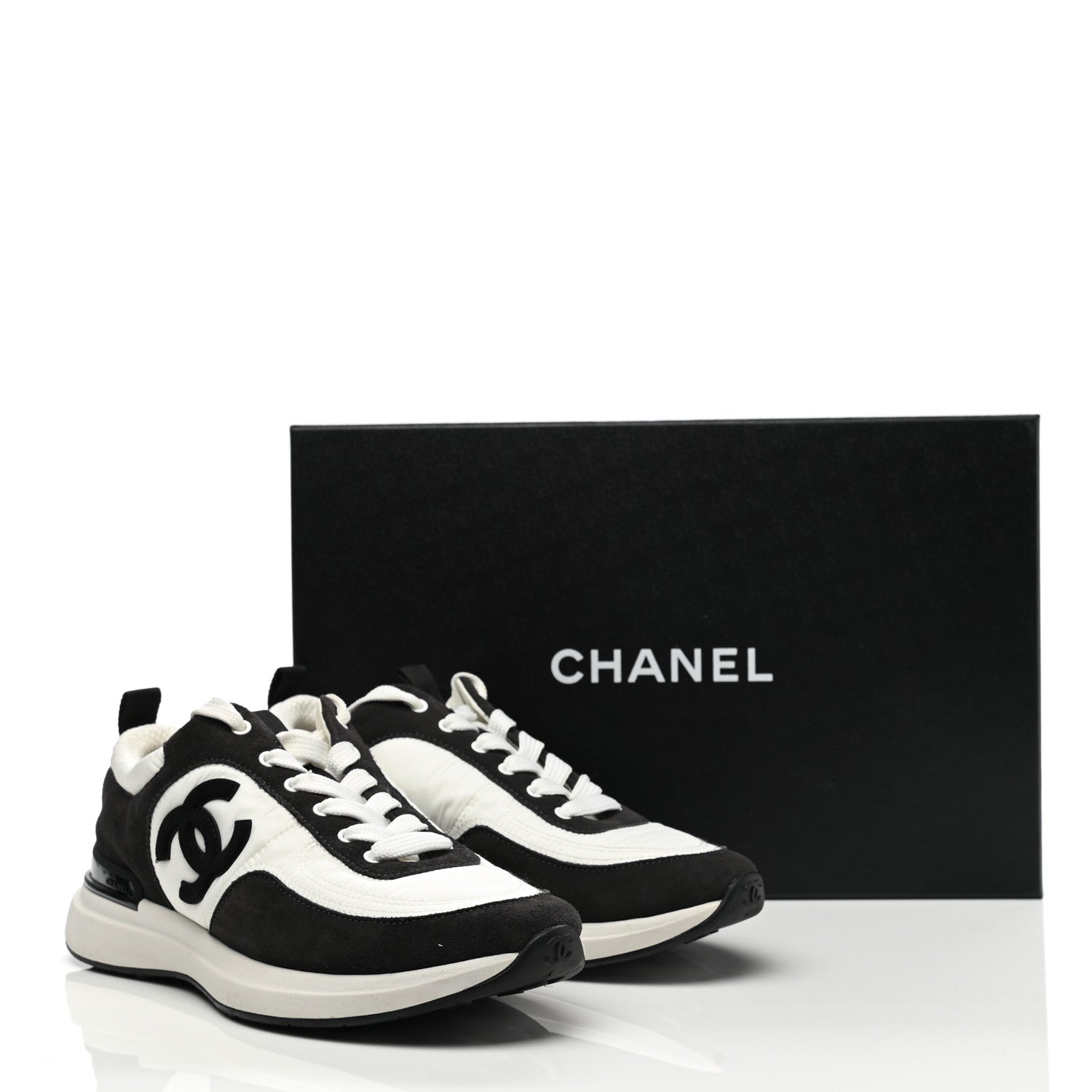 Chanel Nylon Suede Calfskin CC Sneakers 37.5 White Dark Grey 10 of 10