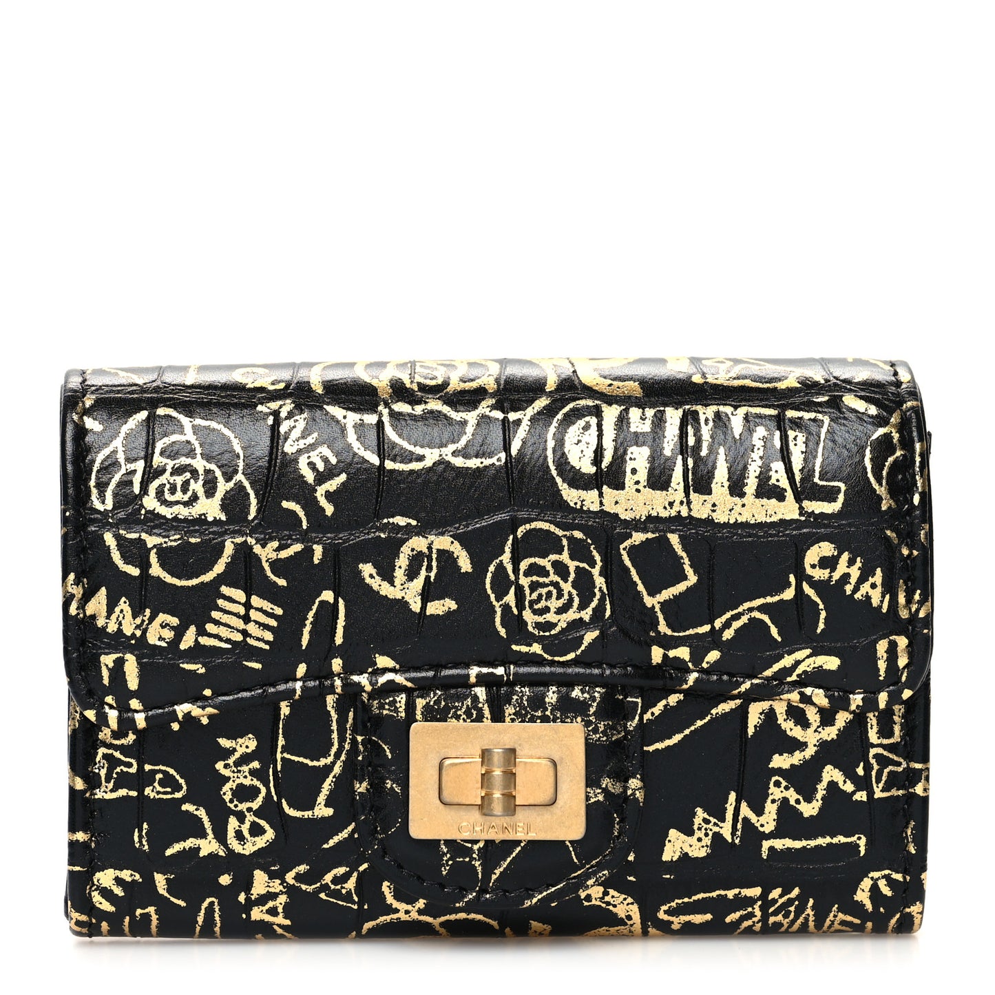 Calfskin Crocodile Embossed Graffiti 2.55 Cocodile Reissue Flap Card Holder Black Gold