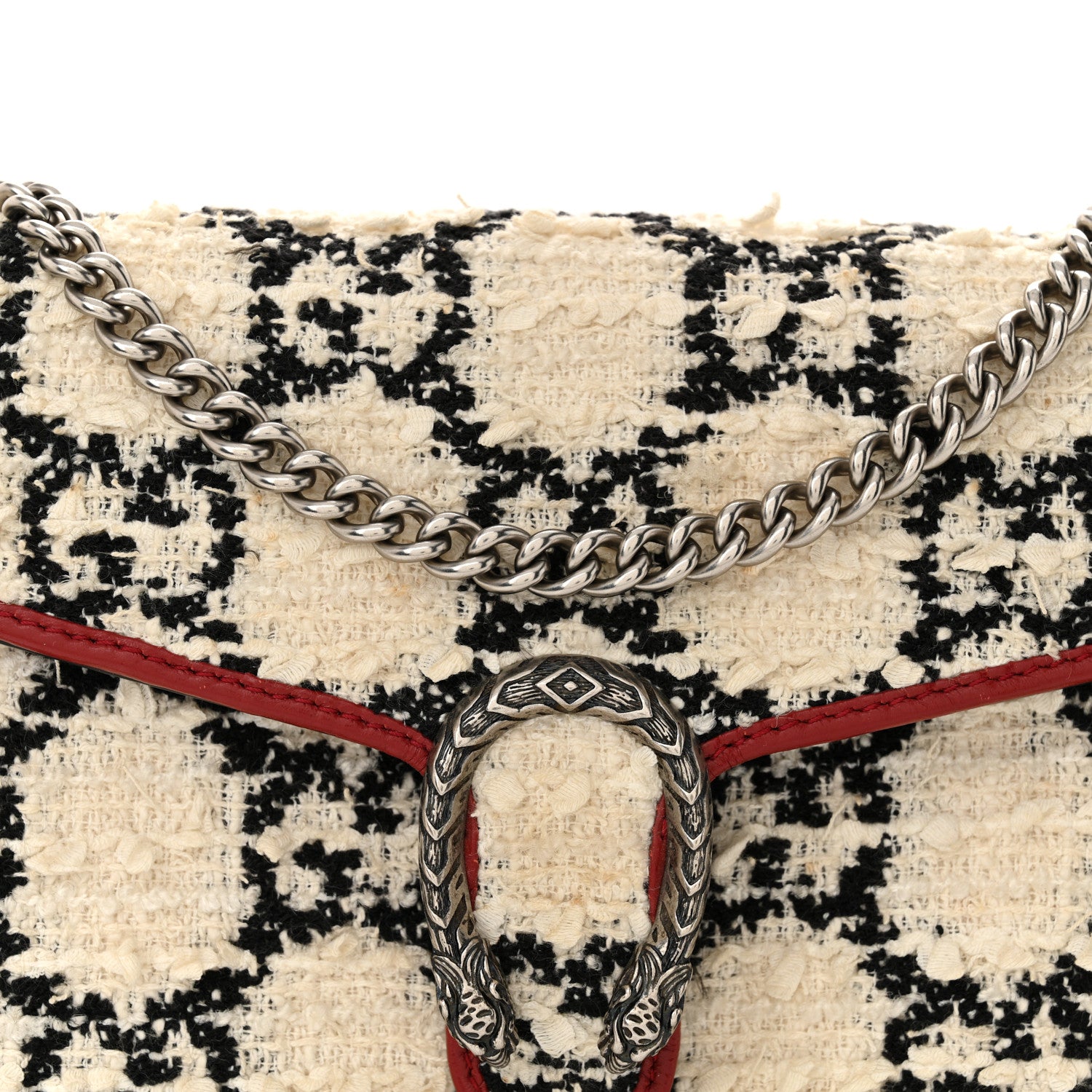 Gucci Tweed GG Monogram Mini Dionysus Chain Wallet White Black Romantic Cherry 8 of 12