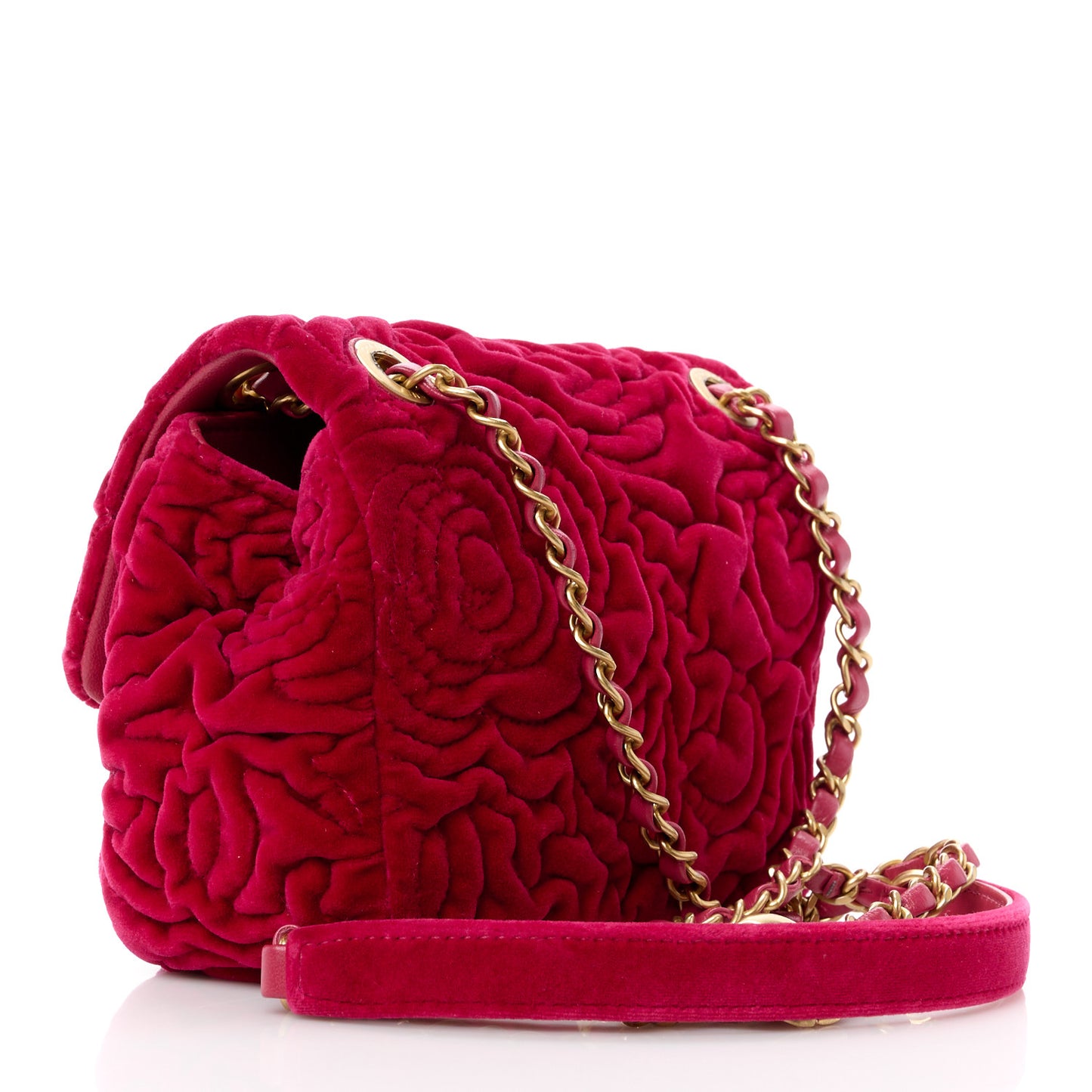 Velvet Camellia Embossed Mini Square Flap Fushia