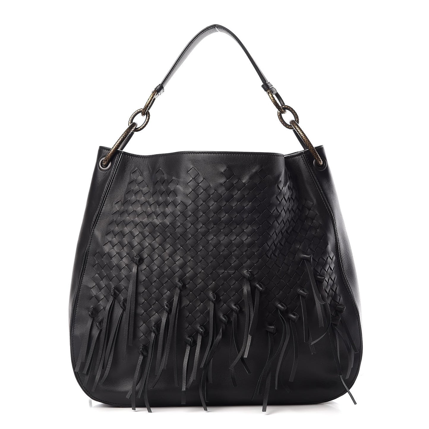 Nappa Intrecciato Large Loop Fringe Hobo Black