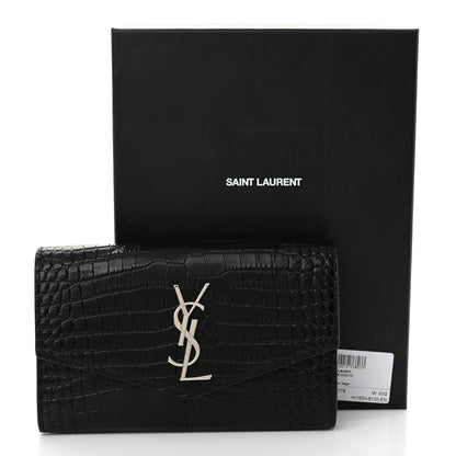 Saint Laurent Calfskin Crocodile Embossed Monogram Uptown Chain Wallet Black 11 of 11