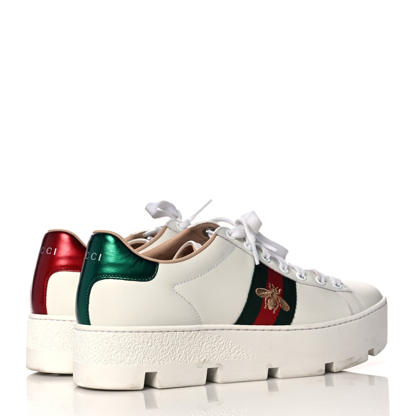 Calfskin Web Bee Embroidered Womens Ace Platform Sneakers 38.5 White