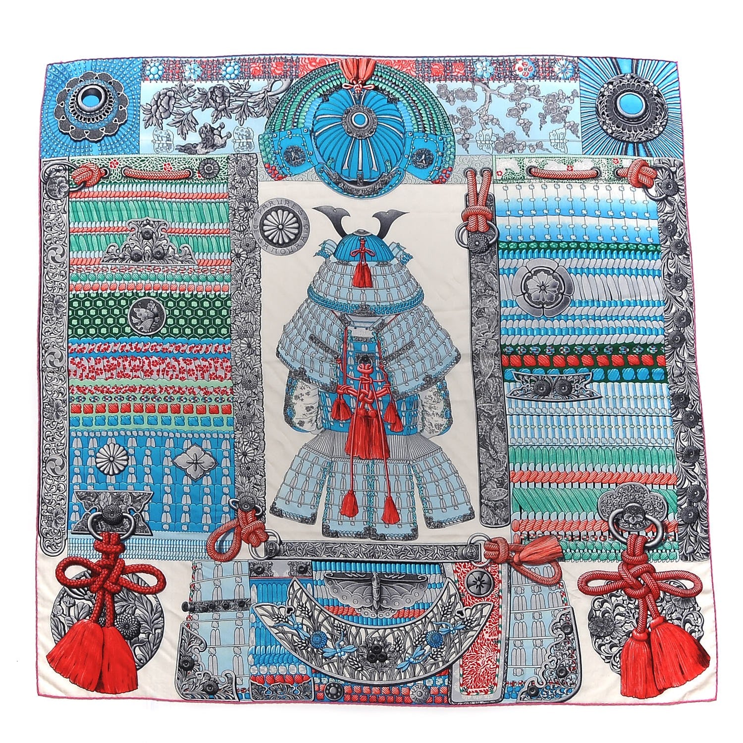 Hermes Cashmere Silk Parures De Samourais Shawl 140 Blanc Turquoise Vert 1 of 4