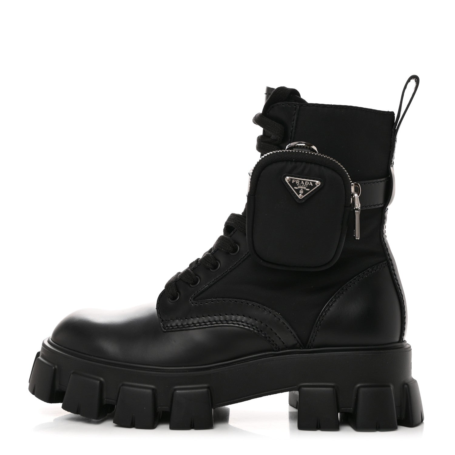 Prada Spazzolato Rois Re-Nylon Metal Triangle Logo Mens Monolith Pouch Pocket 60mm Combat Boots 8 Black 1 of 10