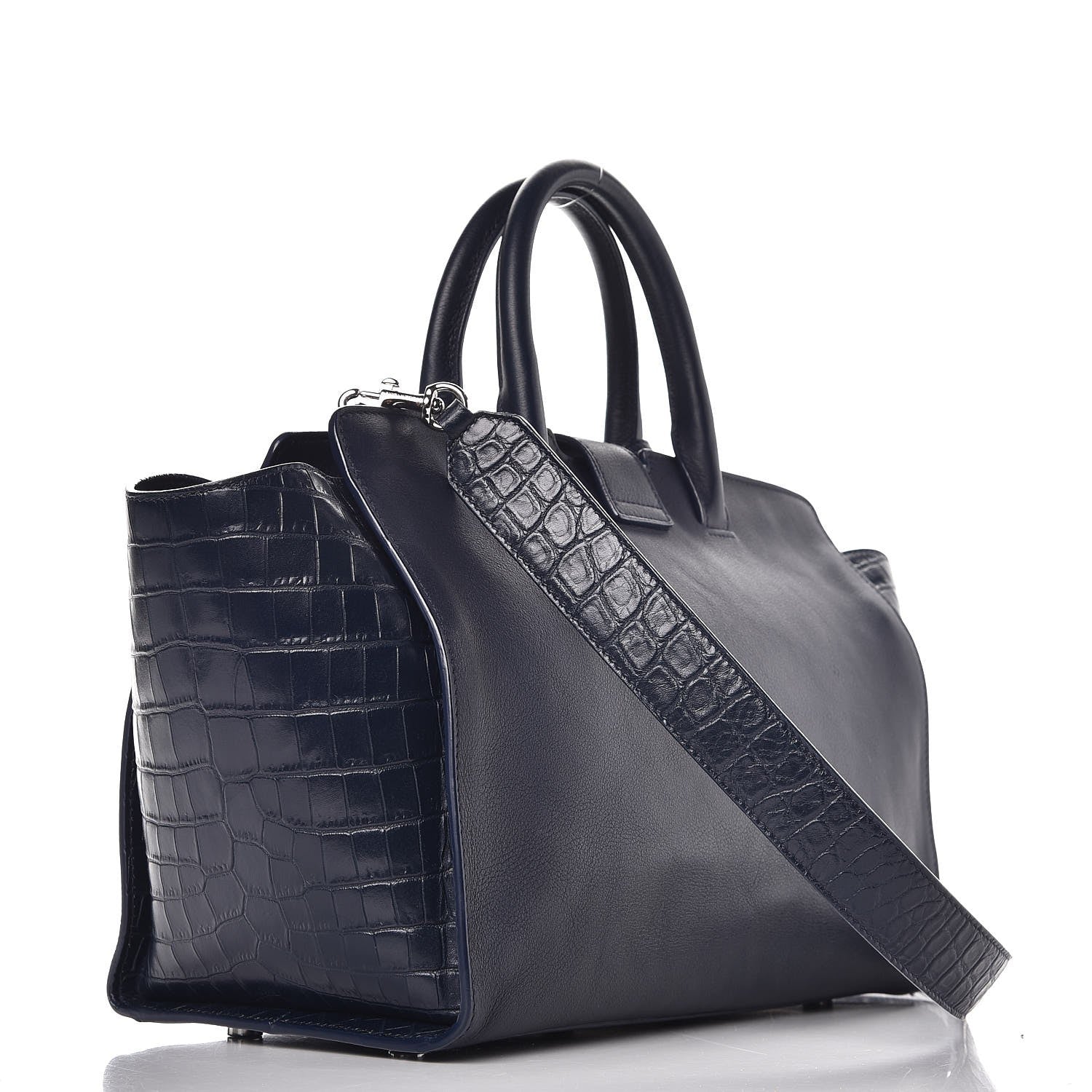 Saint Laurent Calfskin Croc Embossed Small Monogram Downtown Cabas Blue 3 of 8