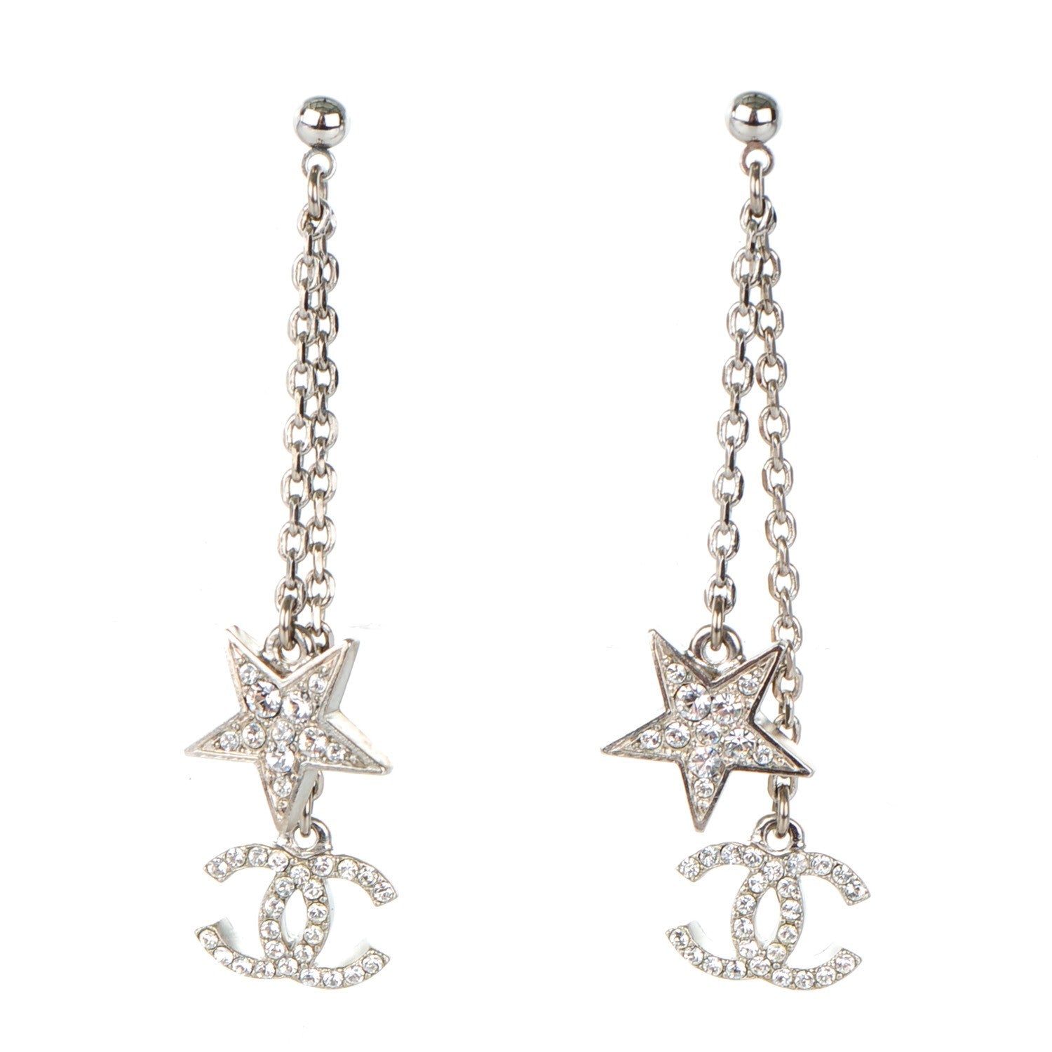 Chanel Crystal CC Star Dangle Earrings Silver 1 of 5