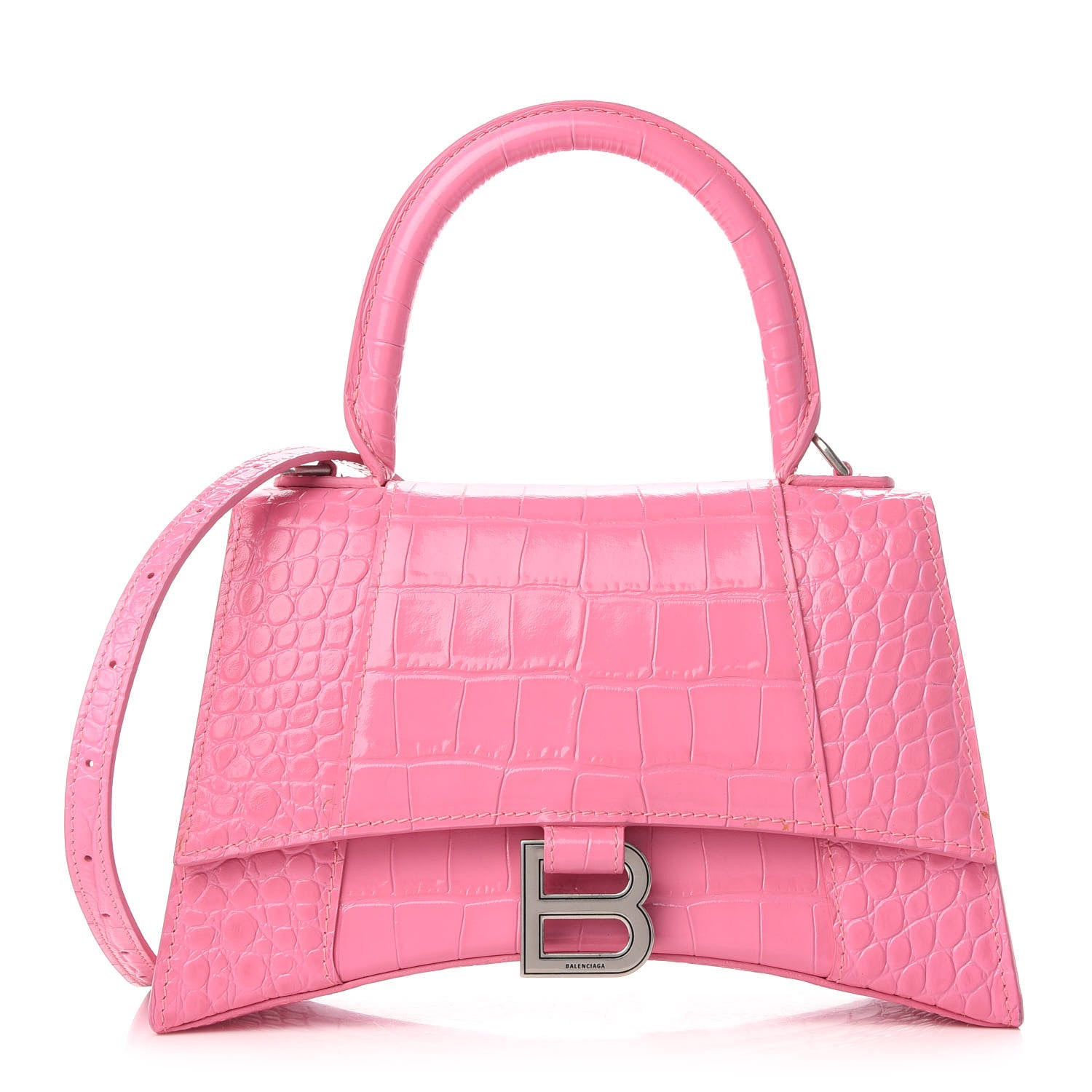 Balenciaga Shiny Calfskin Crocodile Embossed Small Hourglass Top Handle Bag Baby Pink 2 of 9