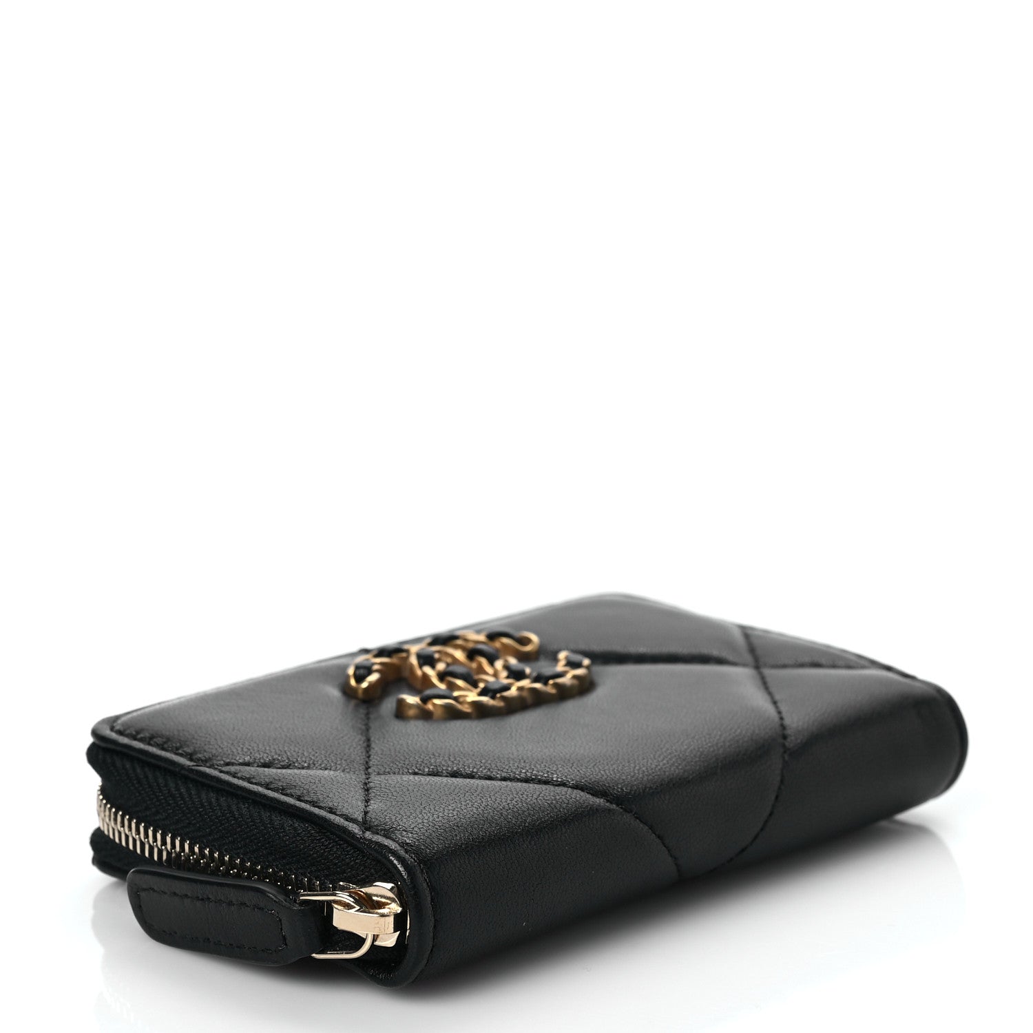 Chanel Shiny Goatskin Quilted Chanel 19 Zip Around Coin Purse Wallet Black 4 of 8