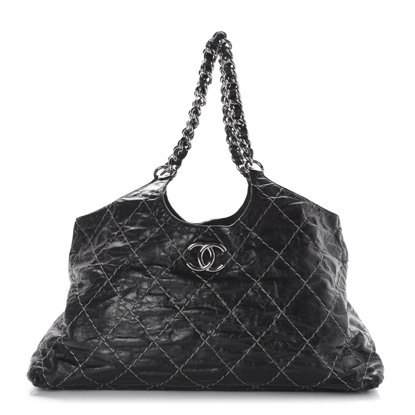 Glazed Goatskin Double Contrast Stitch Tote Black