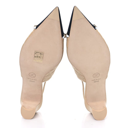 Chanel Lambskin Grosgrain Quilted Cap Toe CC Chain Slingback Pumps 38.5 Beige White Black 5 of 9