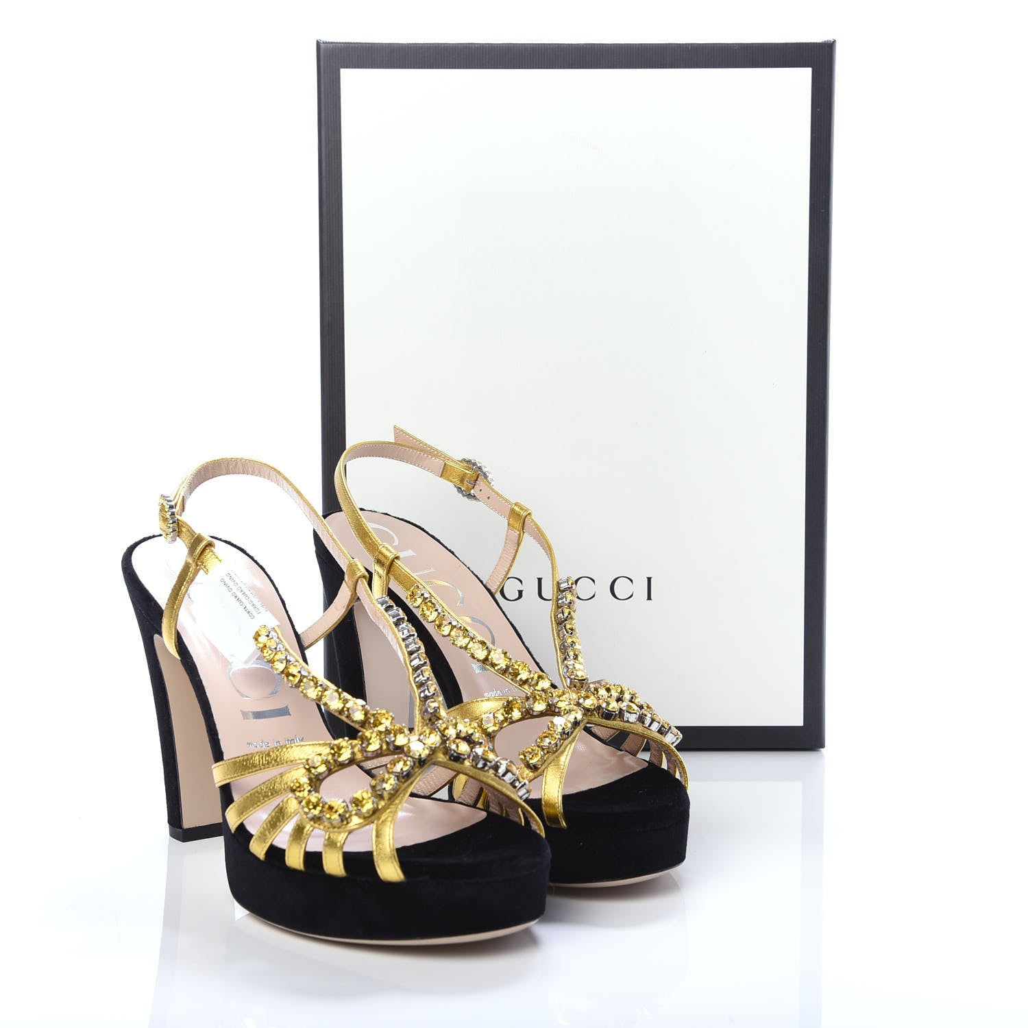Gucci Velvet Nappa Crystal Zephyra Slingback Platform High Heel Sandals 38 Black Gold 11 of 11
