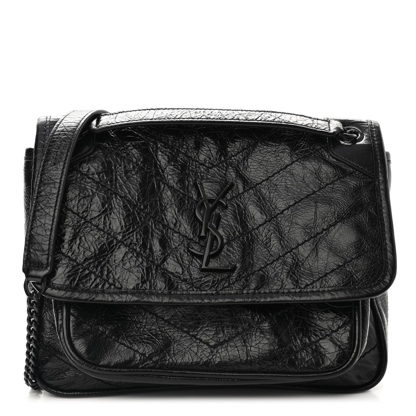 Crinkled Calfskin Matelasse Monogram Baby Niki Chain Satchel Black