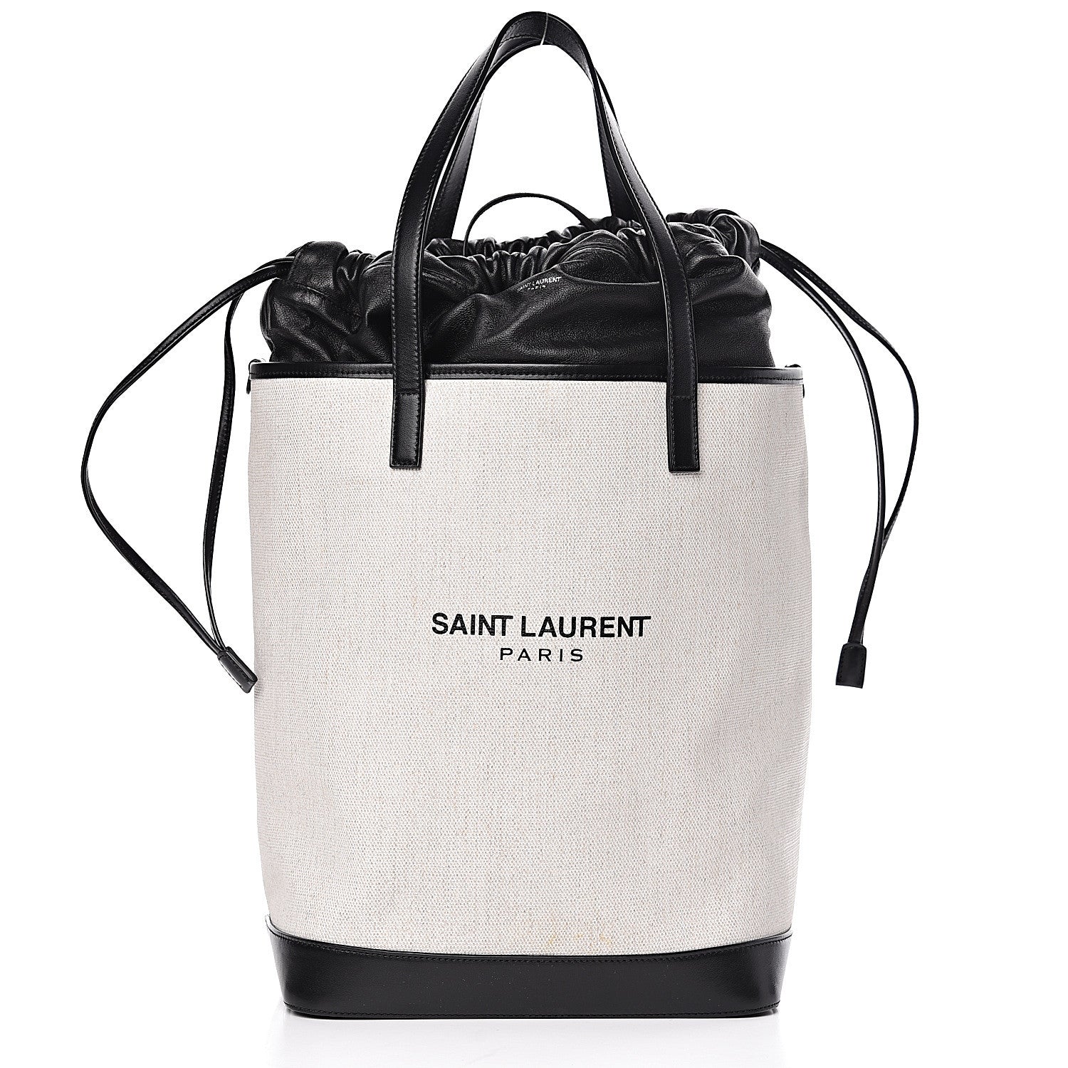 Saint Laurent Canvas Calfskin Teddy Drawstring Shopping Tote White Black 4 of 16