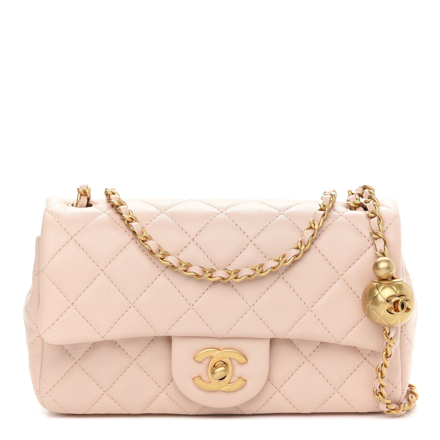 Lambskin Quilted Mini Rectangular Pearl Crush Flap Light Beige