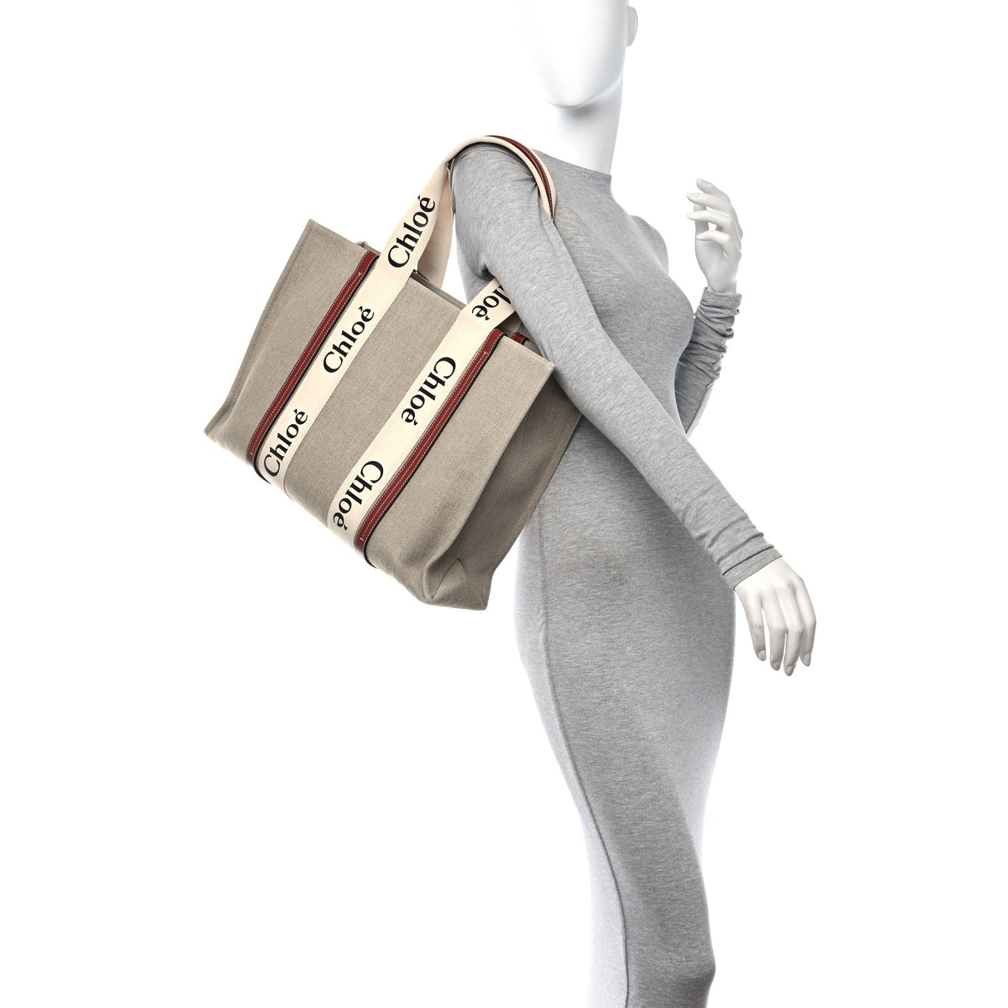 Linen Calfskin Large Woody Ribbon Tote White Brown