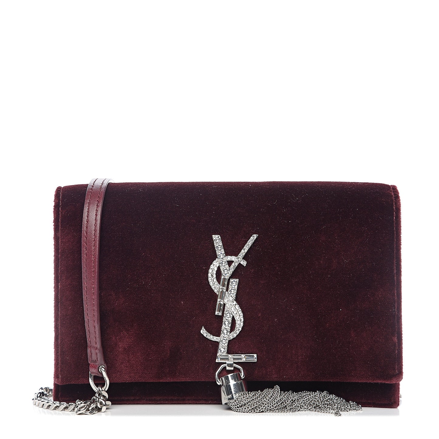 Velvet Crystal Monogram Kate Tassel Shoulder Bag Burgundy